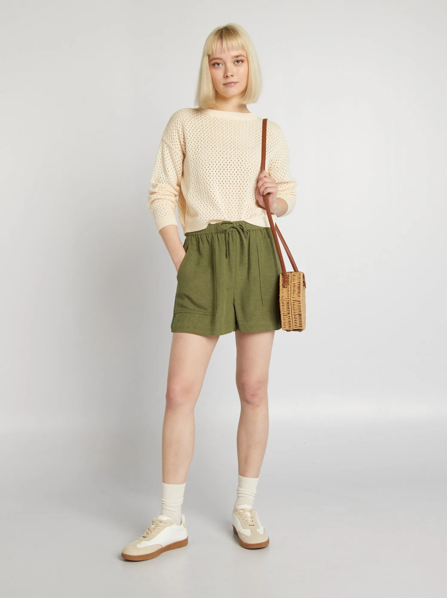 Pullover in maglia traforata girocollo - BEIGE