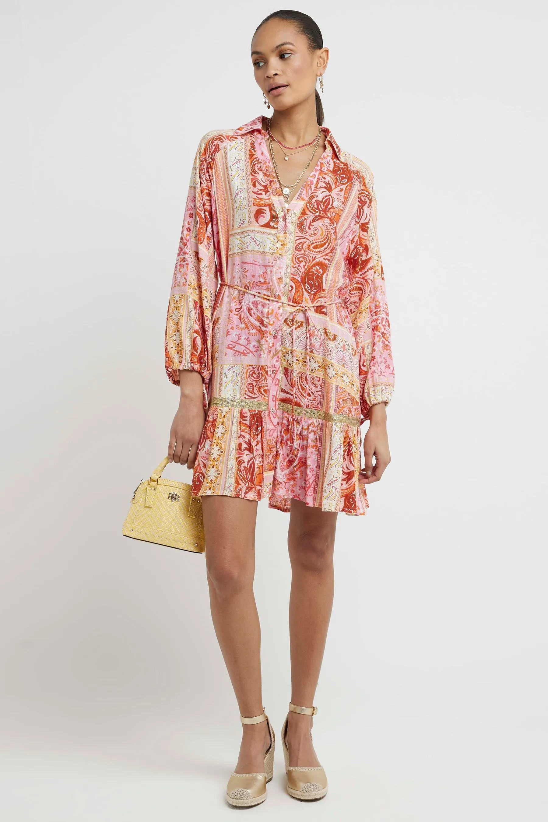 River Island - Abito chemisier corallo con stampa cachemire