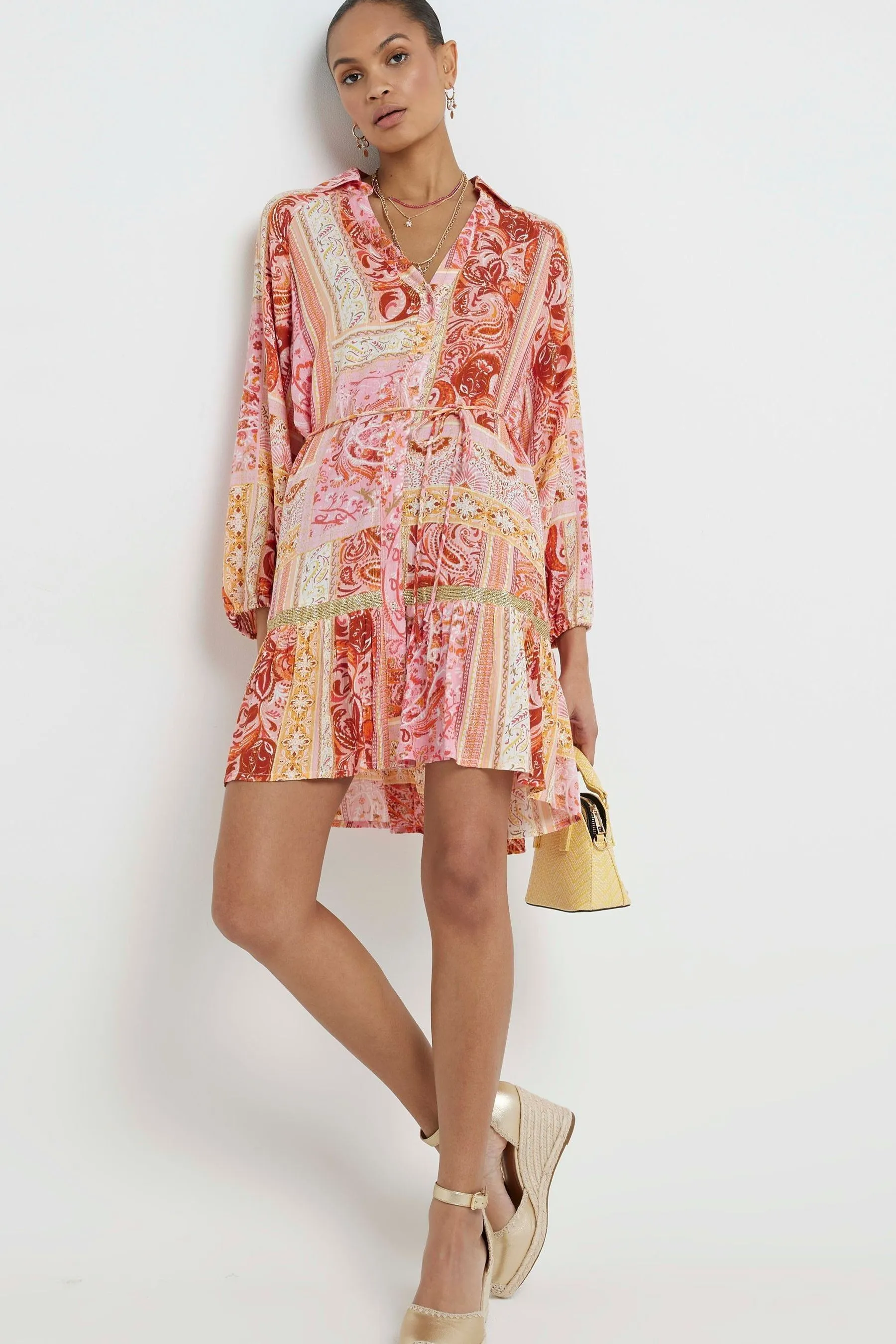 River Island - Abito chemisier corallo con stampa cachemire