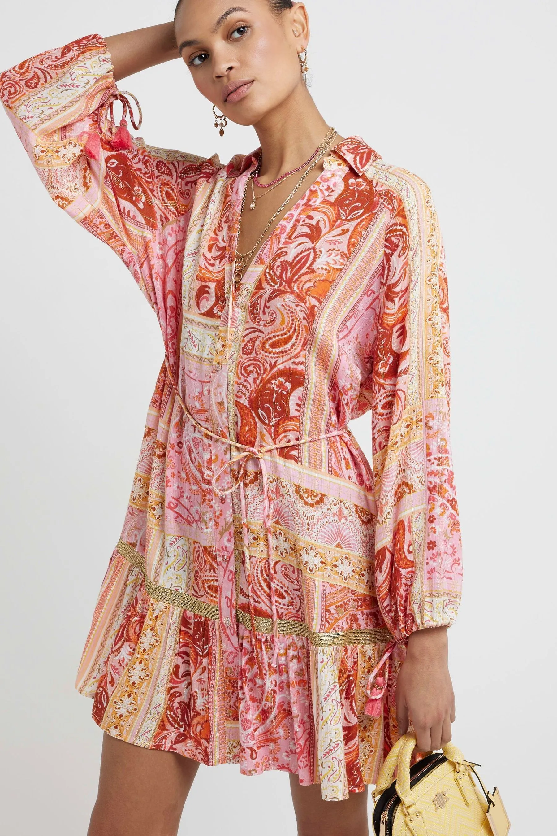 River Island - Abito chemisier corallo con stampa cachemire