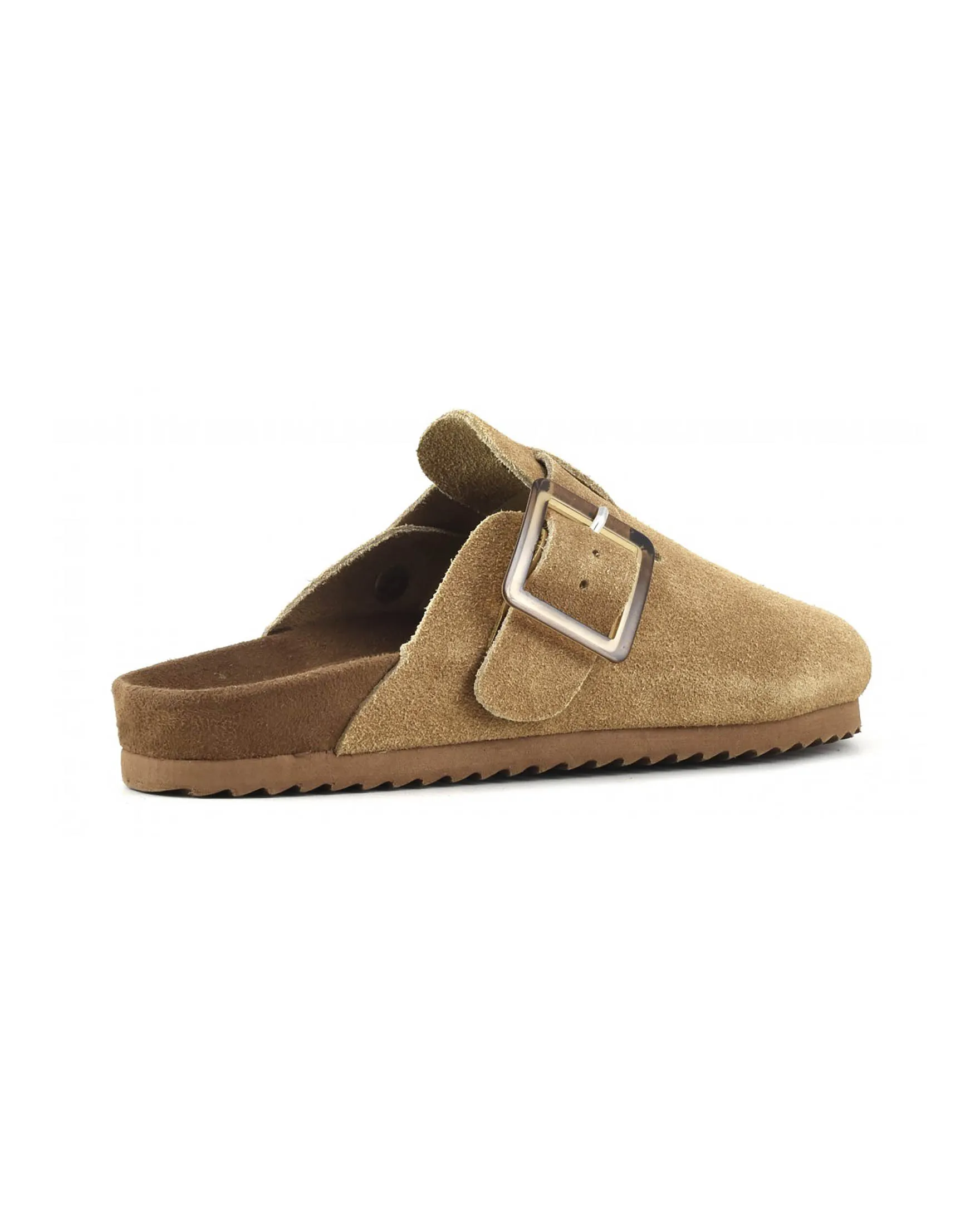 Sandali sabot color cuoio in suede con fibbia laterale di chiusura tono su tono