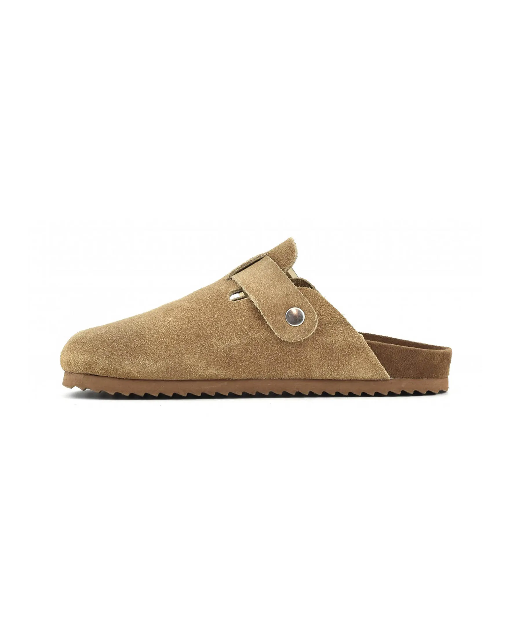 Sandali sabot color cuoio in suede con fibbia laterale di chiusura tono su tono
