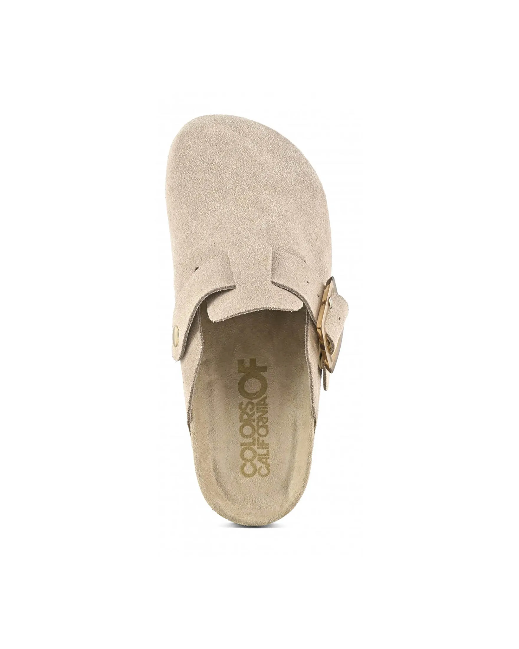 Sandali sabot color sabbia in suede con fibbia laterale di chiusura tono su tono