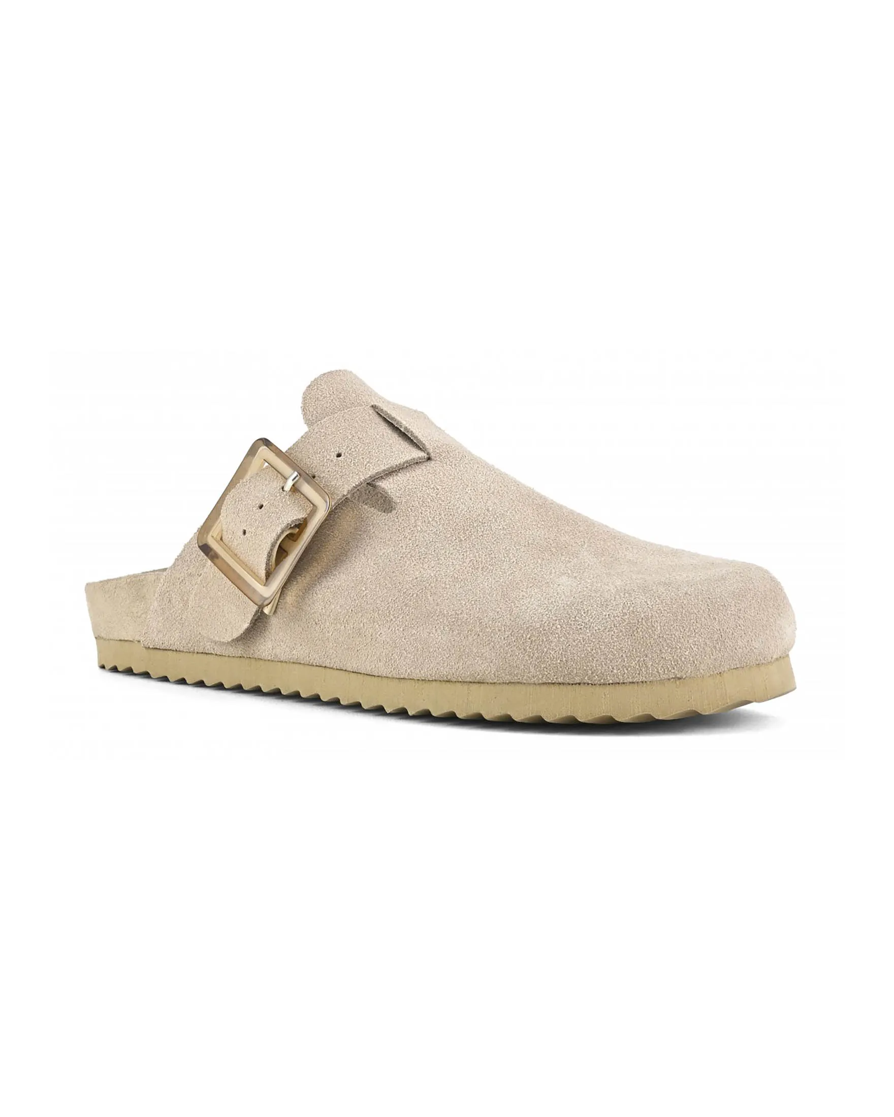 Sandali sabot color sabbia in suede con fibbia laterale di chiusura tono su tono