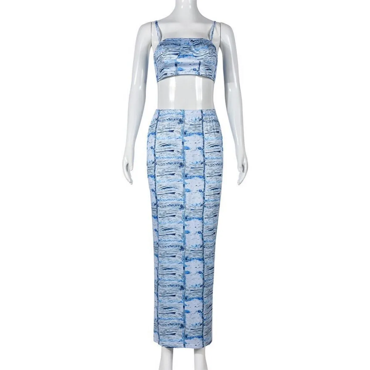 Set gonna lunga midi aderente stampata da donna e top corto con cinturino per spaghetti 2024 Set gonna 2 pezzi streetwear