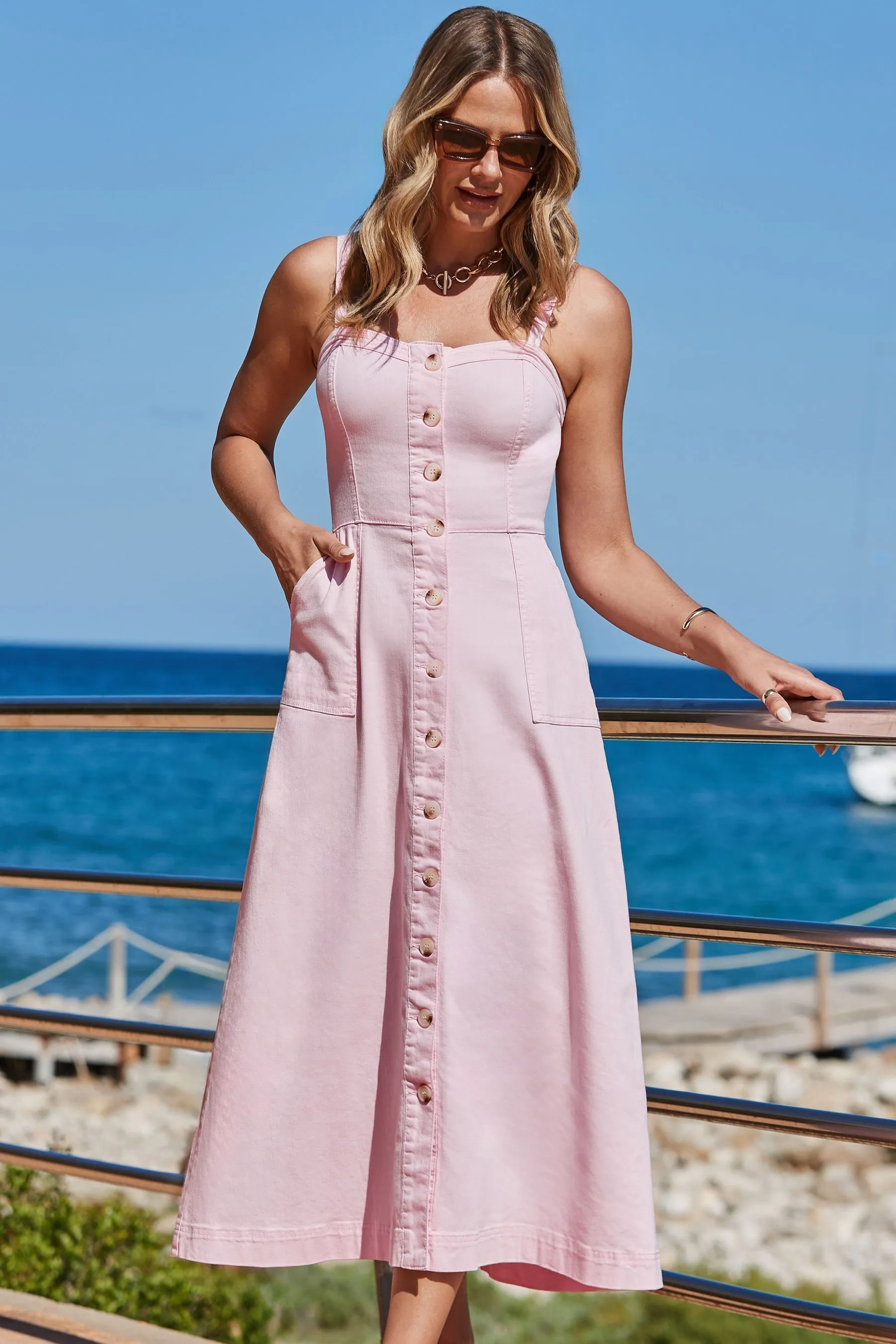 Sosandar Denim - Abito midi con corpino aderente e gonna svasata