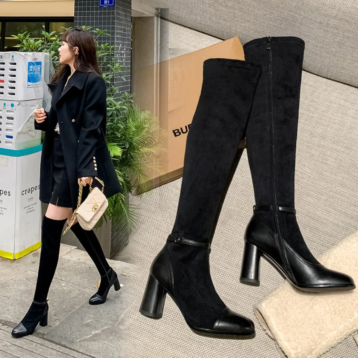 Stivali alti elasticizzati sopra il ginocchio in vera pelle verniciata da donna arrotondati per scarpe autunno inverno Donna con