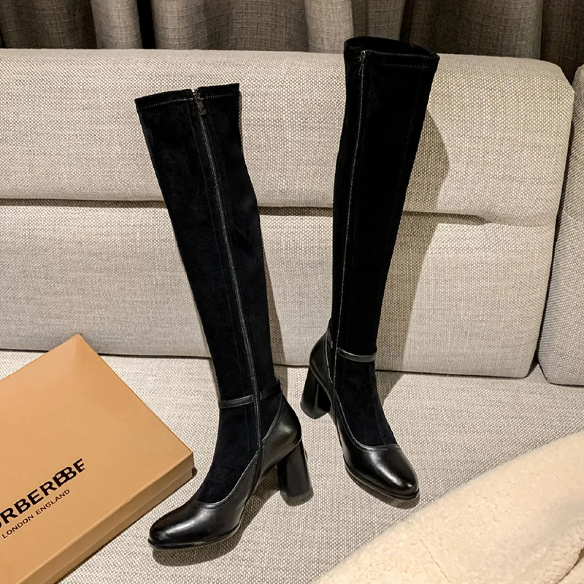 Stivali alti elasticizzati sopra il ginocchio in vera pelle verniciata da donna arrotondati per scarpe autunno inverno Donna con