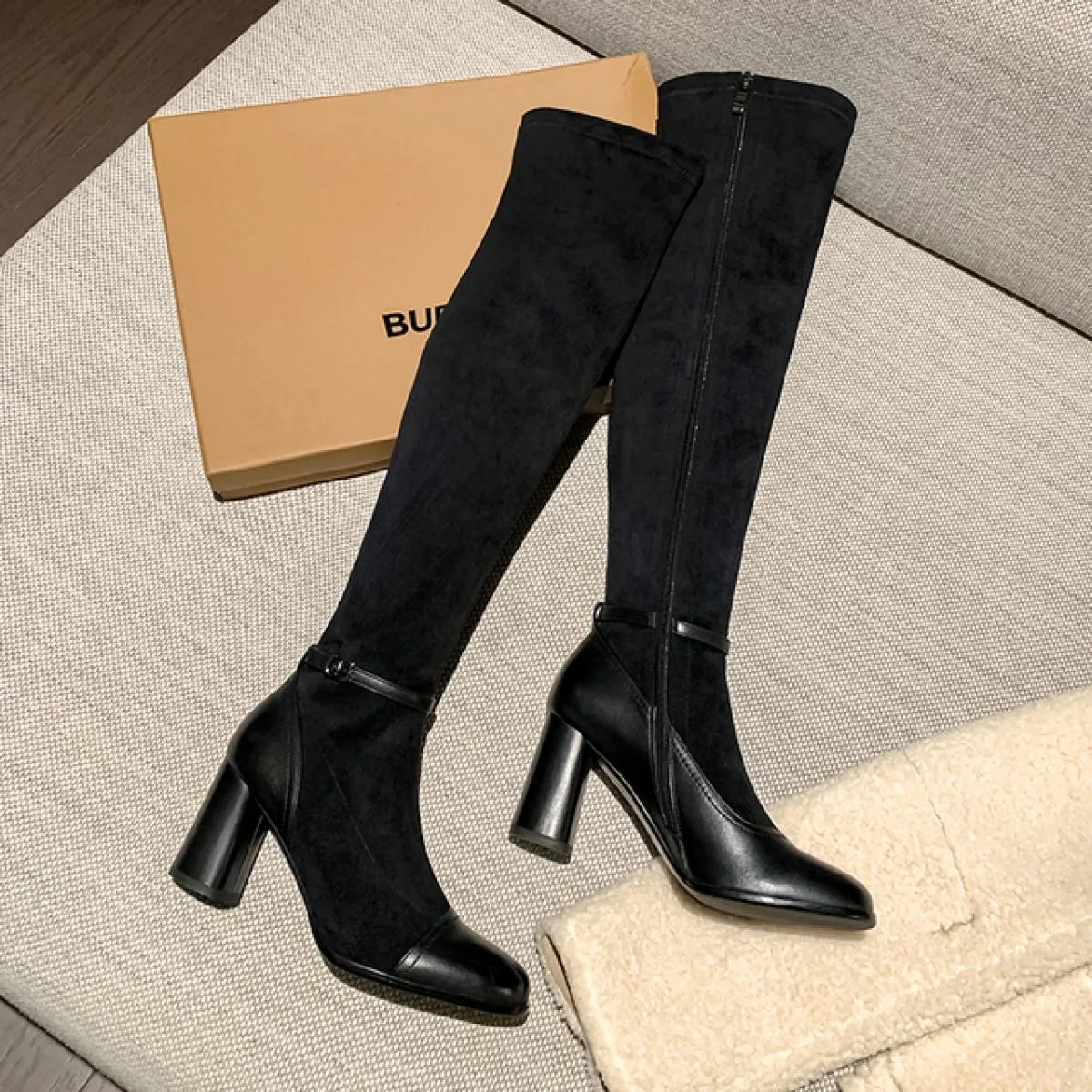 Stivali alti elasticizzati sopra il ginocchio in vera pelle verniciata da donna arrotondati per scarpe autunno inverno Donna con